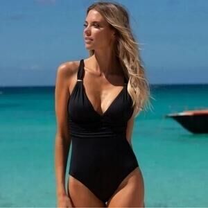 Melissa Odabash Panarea One Piece Swimsuit Black Gold Size 12